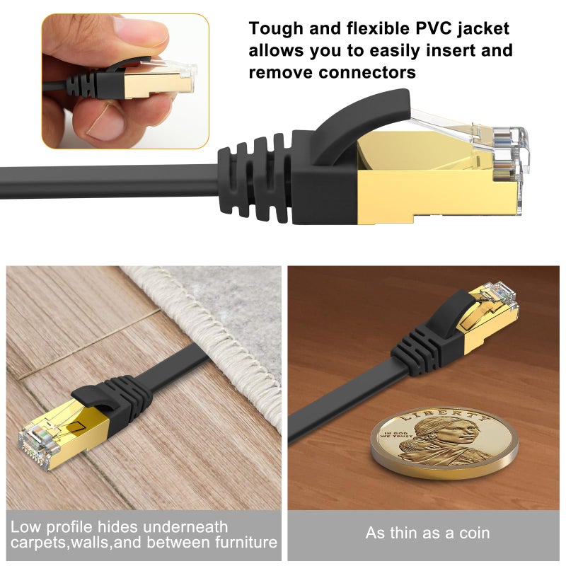 Ercielook Ethernet Cable 75 ft High Speed, CAT8 Shielded Flat Internet Cable with Clips, Faster Than Cat7 LAN Wire - Black 23 M - Image 5